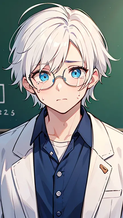 (( A man with white hair and blue eyes)),((Im wearing white round glasses .)),((Im wearing something like a white college student. )),bangs, Head between eyes ,Crying