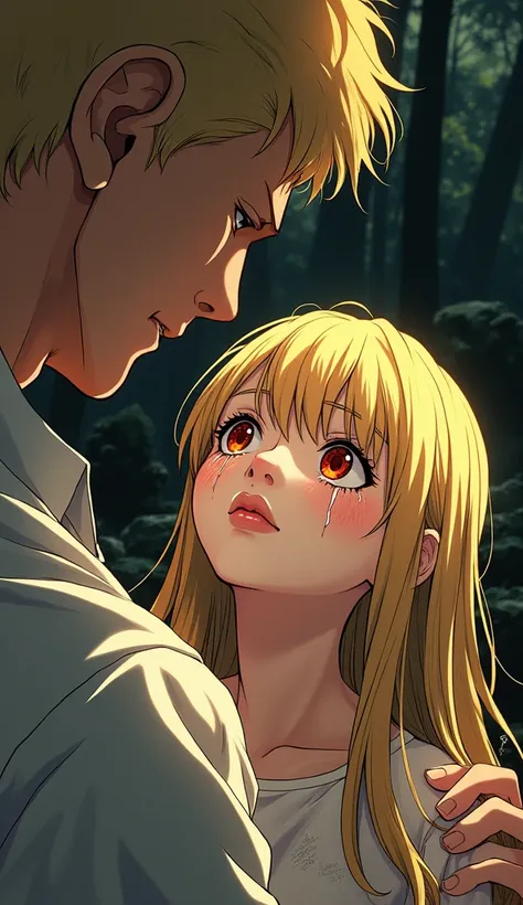  Anime 2d art .illustration from manga: a large muscular mans hand grabbed the girl by the long golden hair, of the man himself is not visible ,девушка close up, dirt and abrasions on the girls face, and skin , tears , in front of tears , fragile blonde ,д...