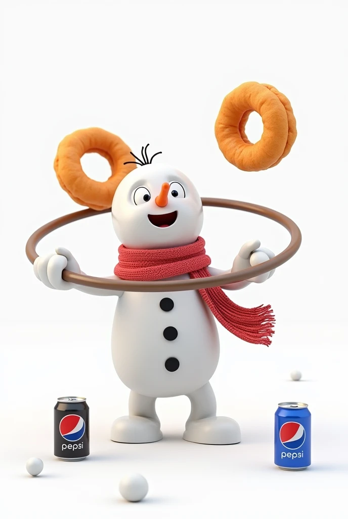 Style cartoon 3D. Un snowman fait du hulahoop avec une rondelle doignon frit. Il tient dans une main une rondelle d’oignon frit et une cannette de pepsi. Sur fond blanc. 