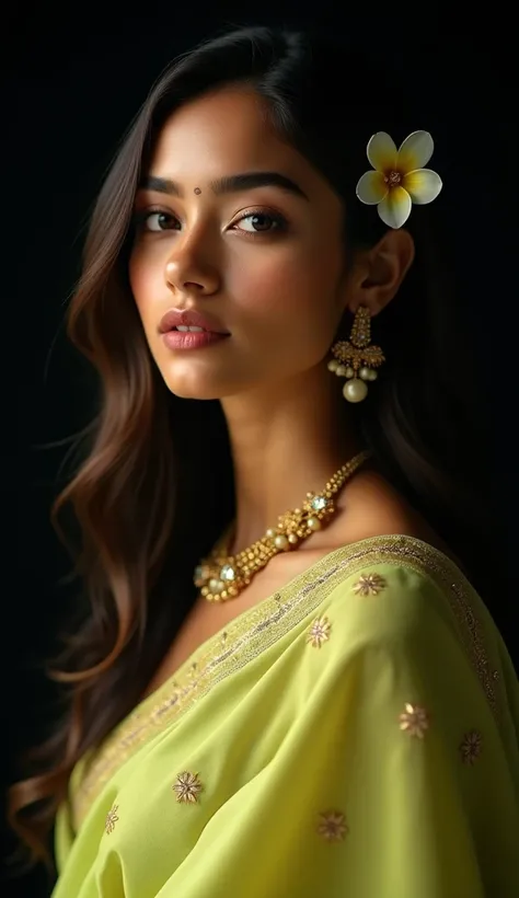 Image of a beautiful 25 years old, fair indian girl with long hair and jasmine flower in hair, wearing lemon green  beautiful saree with matching blouse and wearing jewels with silent smile in black background 