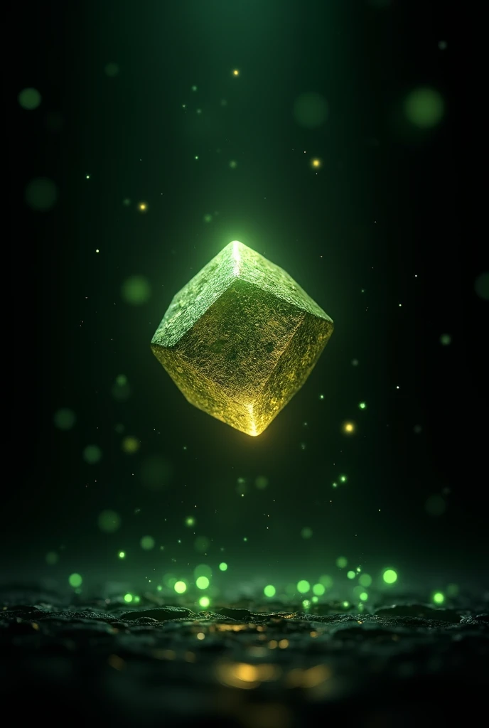 an image for a cover , I want the image to have a black background with golden hues and green dots around it that it looks magical and in the middle of the image I want there to be a large red stone the philosophers stone,  that it is like a black backgrou...