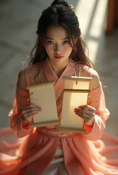 view from above, a girl wearing ao dai, long hair, slightly big breast size, 2 hands holding 2 open scrolls and hold straight in front of her face, full body view angle