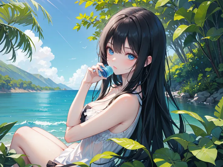  long black straight hair , swimsuit,  blue eyes，Holding a blue bottle, Relaxation posture, sit, Review, healthy skin, Outdoor scenery, Green leaves and blue sky, Bright natural light  ,  The sun shines in from the top left, Warm and soft atmosphere, Side ...