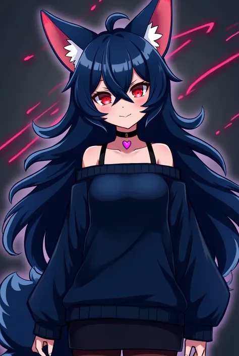 1girl, solo, female, mobian, fox, 2D anime style, high quality digital art, wispy lines, neon dark and blue sketch art, a dark blue furred anthropomorphic fox, dark blue fur, glowing crimson eyes, very long wavy dark blue hair, long and large hair bangs, c...