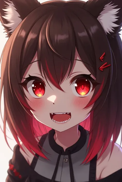  anime girls with medium-length hair that are brown at the base and get lighter in length and are white at the tips,  with reddish strands inside .  plus reddish brown wolf ears ,  a crazy face , Red glowing eyes pointed teeth and bloody face,  looks cute ...