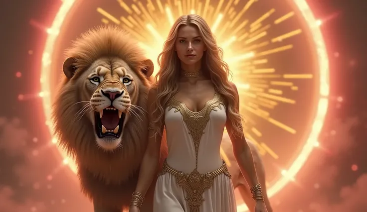  ultra realistic image :  A powerful waist-length goddess , Lion tamer , your face transmits power ,  behind her a golden portal of pink lights.  She holds the jaw of a majestic lion at her side.  The goddess is surrounded by an aura of ethereal light ,  d...