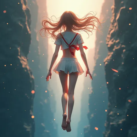 Haunting Live-Action, Extremely Detailed Innocent JK Diving from stratosphere. Magic Hour Miracle, Sparkling, LifeLike Rendering, MotionBlur, (XLabs F.1 Realism LoRA V1), White Sailor Uniform with Thongs, Red Ribbon Ponytail hair fluttering in the wind, Pr...