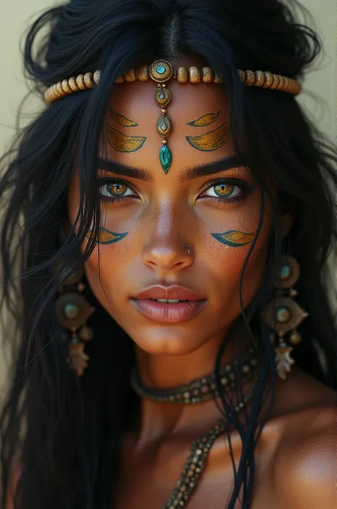 Woman with tanned skin ,  black hair with honey-colored eye fringe and tribal face paints 
