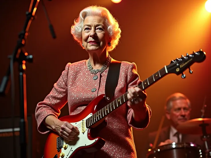 ((( 8K 4K  Créer une photo très nette )))de ((( la reine Elisabeth2 75 ans jouant de la guitare électrique ))) ((( sur sa gauche très légèrement en retrait on peut voir ((( le Prince Charles jouant de la batterie ))) ((( is sont éclairés par des halos de l...