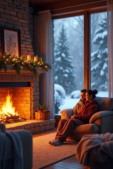 Cozy living room, lit fireplace, snow falling outside. 