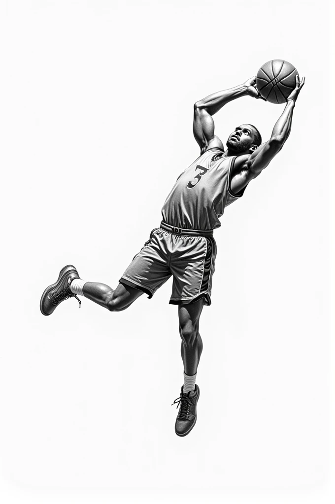 Generate a black and white pencil drawing of a basketball player marking a paper while doing a dunk