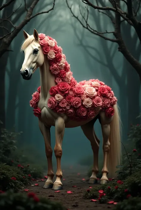 Create an image of hybrid a horse and roses, Realistic look, background is a dark forest.