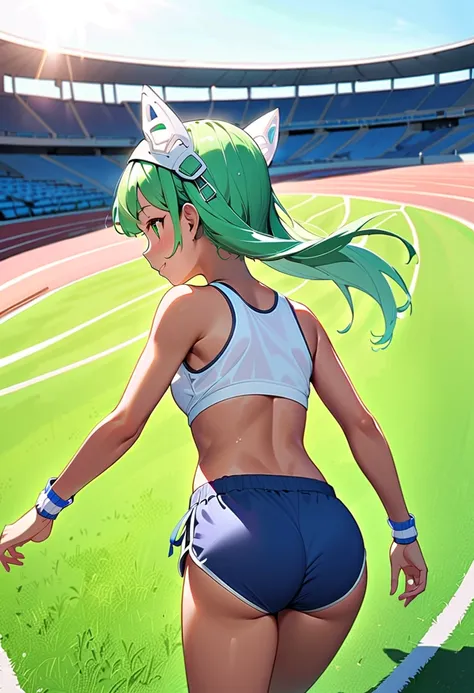 ,(masterpiece, best quality),A sun-tanned young girl practicing short-distance running on a track, wearing a sporty outfit with a cropped tanktop and buruma(low leg buruma). ,slutty,no-muscles,many sweat,Her skin has a healthy tan, smile, The track is brig...