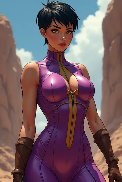 in a retro scifi style illustrate a female space adventurer wearing a shiny futuristic bodysuit that is a deep vibrant purple with a wide gold stripe down the front, unzipped bodysuit, cleavage.short black pixie cut hair and gold eyes, a muscular but femin...