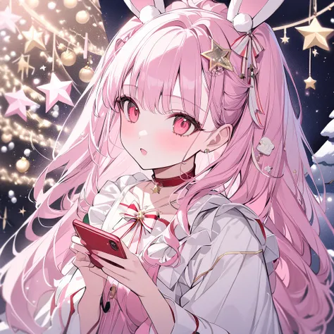 ,playing mobile game々）,red eye, star shaped choker, (masterpiece, highest quality), Christmas art, beautiful and aesthetic: 1.2), (1 girl), very detailed, (Christmas star art: 1.3), colorful、pink long hair、bunny ear、 half body, Christmas dress, gold star, ...