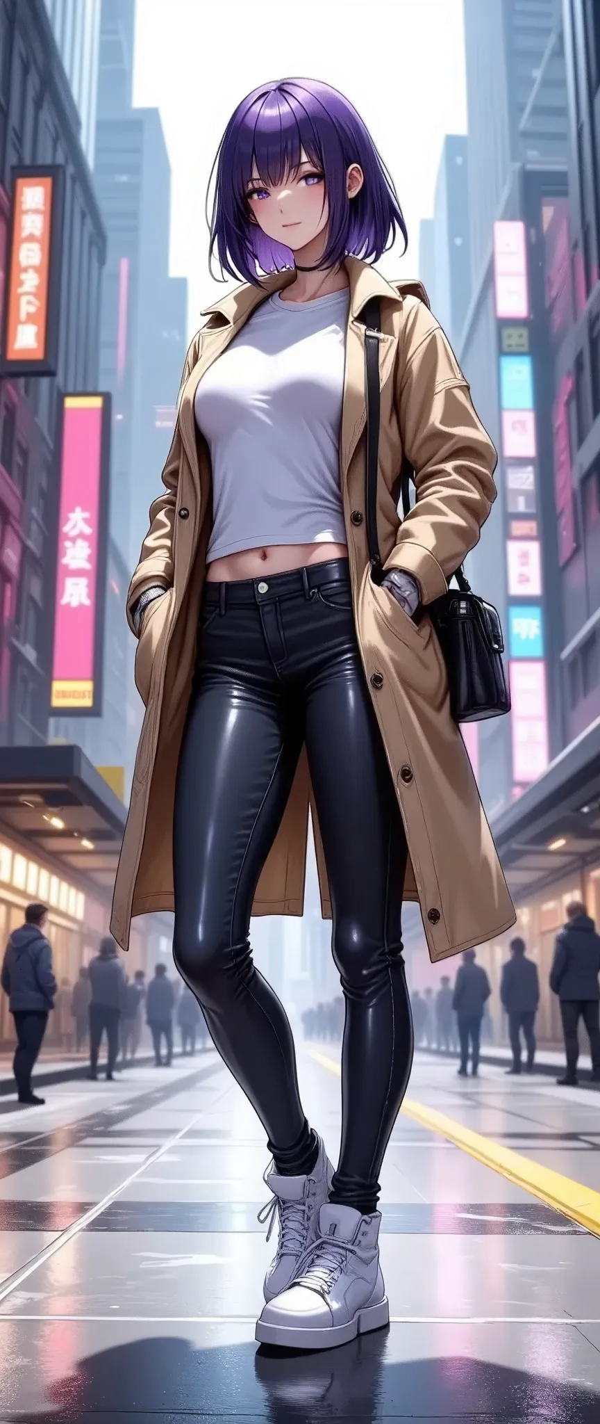 (masterpiece:1.2),(Best Quality),(Super detailed),( super high definition),( best illustration),8k, wallpaper, Beautiful Female Cyborg,whole body,Vector art,Layered Textures ,progressive,SF, Cyberpunk ,beige oversized jacket ,  white t-shirt, Black skinny jeans,  white sneakers , black crossbody bag, fashionable ,(The background is the downtown area of Cyber World)