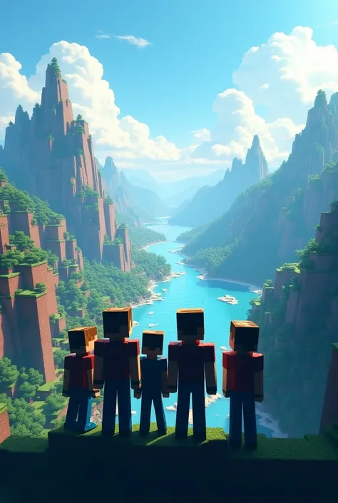 Minecraft world in a cubic style where the background shows 4 male players looking into the distance to the endless world of Minecraft , Minecraft world should be visible and more exciting and beautiful 