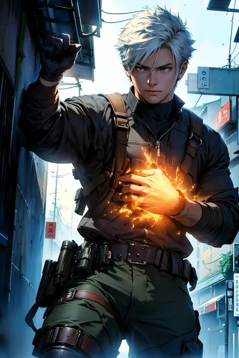  Young man with a calm expression and a confident look,  fighting position, In combat boxing guard ,  short white hair,  bright yellow eyes ,  position wearing brown shoulder holster with a cleaver, ((Kento-Nanami )),  wearing half-finger tactical gloves, ...