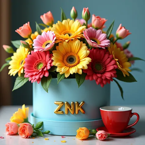  A box with flowers ,  gerberas , sunflowers, tulips,rose,  the light blue box with a cup in red . Globos de colores 🌈 vibrantes metalizado en un ambiente armonizado.  In front of the name  " ZNK "  in golden letters 3D HD vibrant 32 k , shiny best photo 