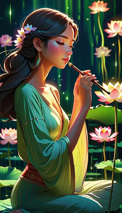 (masterpiece, best quality:1.2), In digital art style, charming illustration,peaceful picture，1 girl, tall lotus，alone，body glow，Glowing lines，fluorescence,glow example，Example tracking，flash，萤light particles，Backlight，Translucent，light particles，Correct h...