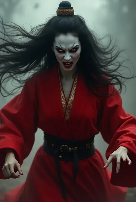 Create an image of Japanese Women ghost in red attire and make her aggressive 