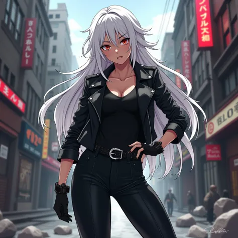 My Hero Academia oc Girl with White Hair, Red Eyes, Black Leather Jacket, Pants and Shirt