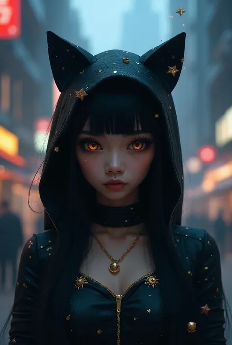 a woman, with slightly light black skin,  who likes the moon and star , dressed as a female cat , in the city, with straight hair.