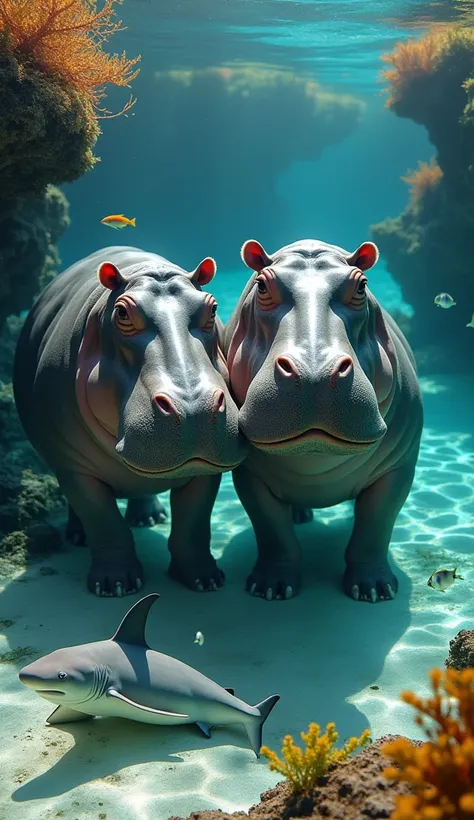 Hippo and Shark, standing together in shallow, clear water at the edge of a tropical lagoon with vibrant coral and scattered rocks, the hippo has thick, grayish skin with small ears and large nostrils above the waters surface; the shark has a sleek, stream...