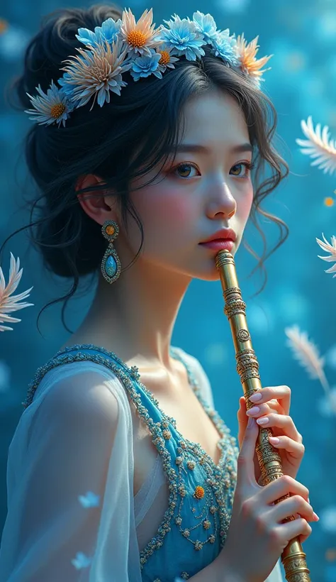 ((Fractal Art)),((masterpiece,best quality,Extremely detailed,Ultra-high resolution,Detailed background)),(((Blue Background))),(1 Girl),((rich and colorful)),Flowers,(Glowing skin),((Many colors)),(earrings),featherplaying a flute