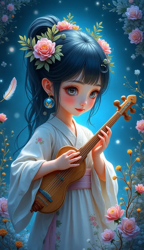 ((Fractal Art)),((masterpiece,best quality,Extremely detailed,Ultra-high resolution,Detailed background)),(((Blue Background))),(1 Girl),((rich and colorful)),Flowers,(Glowing skin),((Many colors)),(earrings),feather playing a zither