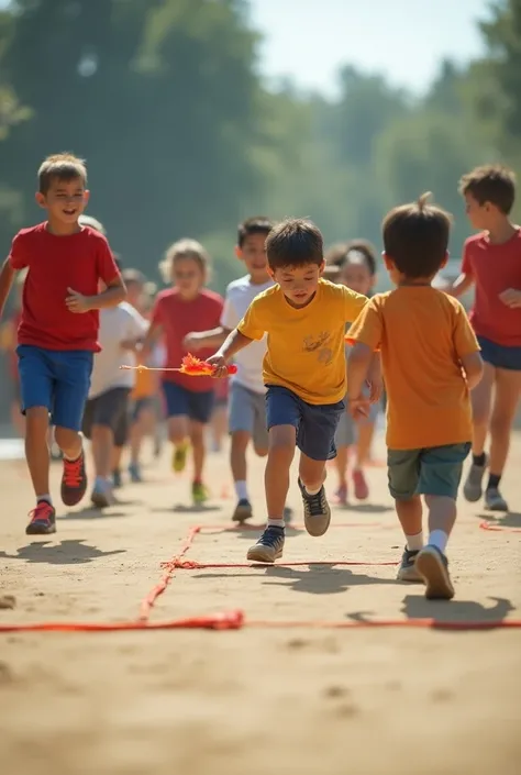 Pre-sport game that promotes motor skill development and teamwork
Boys and girls participating:
A diverse group of ren  (and some girls) of different ages , showing enthusiasm as they prepare to run in a relay game. Everyone is dressed in sportswear, comfo...