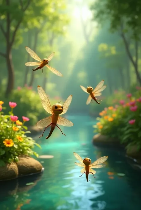 Pixar style，，Catch dragonflies
