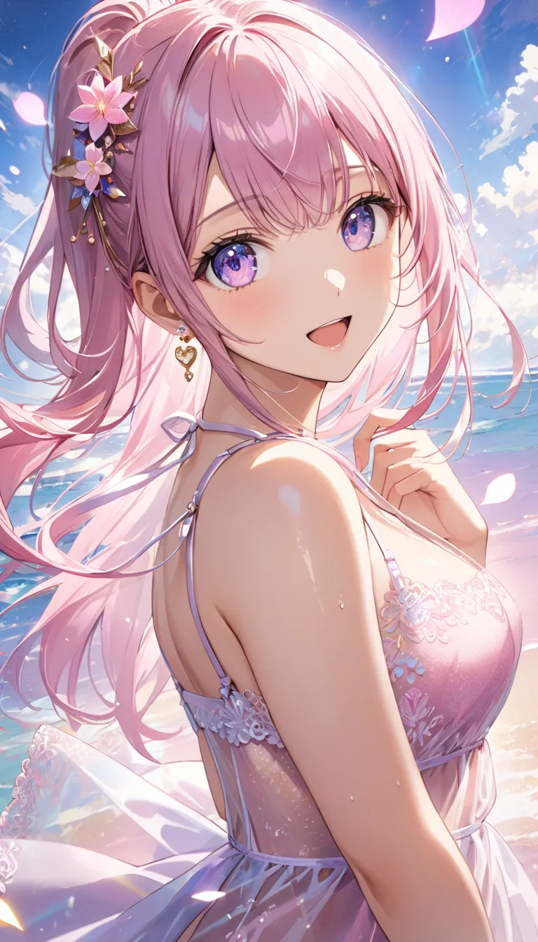  （Big Breasts:1.5）. side ponytail hair. hollow eyes, saliva,  open your mouth 、  Focus on the Face  、  gradient light pastel purple transparent hair in front of a snow sky、（View from directly below:1.2） ,  a woman with a gentle expression  ,  Soft Pink and Beige Colors , Natural Lightが顔に優しい影を作る、  emphasizes the bust、saliva、  look up  、（ Heart pupil:1.5）、（  dynamic poses :1.8）、（sheer holographic pink lingerie:1.2）、（Embroidered lingerie with a very delicate depiction:1.3）  、  heart hair accessory  、Delicate depiction of big eyes  、 shiny hair texture、(  Best Quality Masterpiece  :1.4), (  young woman , Age 19, Alone, Wet肌、 Cool smile,    open your mouth ,   Perfect Eyes:1.1), (  Aim carefully  ,   small round gold earrings  ,   Sheer Embroidered Lingerie  、((( Turn your big breasts :1.4))), Particles of light,   high detail, The Shining, bloom,  Textured skin seen from above , barefoot, Natural Light, (Mature),   Eyes See-Through  , , Wet,  Back posture 