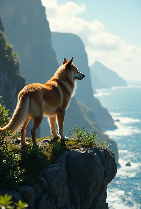 A dog is standing on the cliff. Your ren are watching