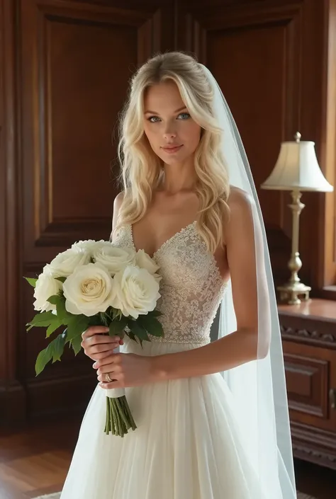 Blonde bride identical to singer Taylor Swift , olhos azuis detalhados,  is in the middle of a mahogany living room holding a bouquet of white flowers.  She wears a veil on her face and her athletic body is visible under the dress . He has a happy expressi...