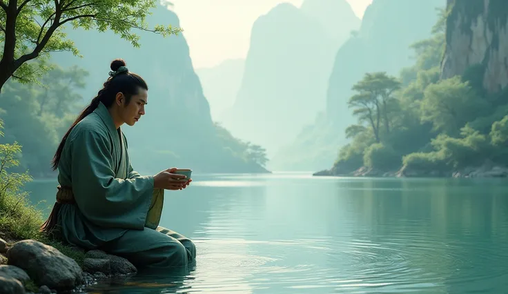 Young Ancient chinese man drinking water with his hand flowing river side cinematic