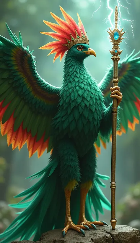  An impressive fusion between Zeus and the quetzal , Mayan sacred bird .  Zeus has colorful and bright plumage ,  in shades of emerald green and red ,  with long tail feathers that make it appear even more majestic .  It holds a lightning scepter and wears...