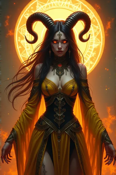 "A dark and mystical female character with red, glowing eyes, adorned with intricate facial tattoos and jewelry. She has long black hair and large, dark horns curving backward from her head. The character is dressed in ornate, yellow and black attire with ...