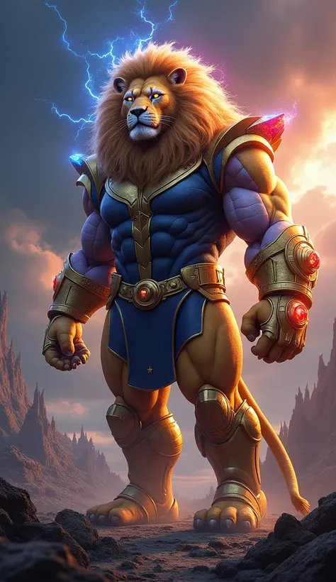 A fierce and majestic hybrid creature that merges Thanos imposing, muscular body with the regal head of a lion. The creature’s body is large and powerful, covered in golden, armor-like fur, with a majestic, muscular frame resembling Thanos’ strength. The l...