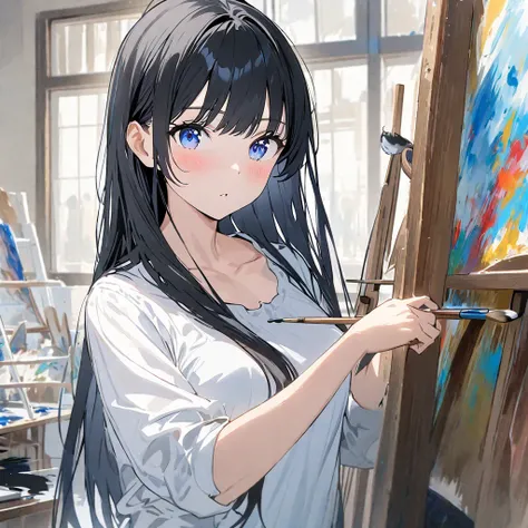 blue_eyes, long_hair, black_hair, shirt, holding, white_shirt, bangs, paintbrush, painting_(action), painting_(object), canvas_(object), 1girl, palette_(object), indoors, looking_at_viewer, solo_focus, easel, holding_paintbrush, blush, breasts, solo, parte...