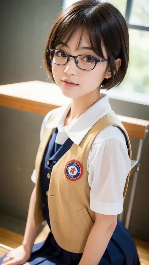 best quality, face focus, soft light, ultra high res, (photorealistic:1.4), RAW photo, 1japanese girl, solo, Chōkawaī, (shy smile:0.5), (brown eyes, lights in the eyes), detailed beautiful round face, glasses, (small chest),(high resolution detail of human...