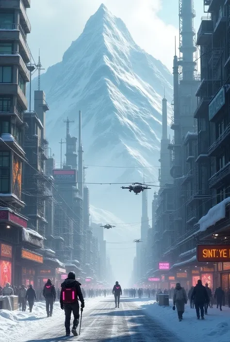 Cyberpunk city in snowy mountains