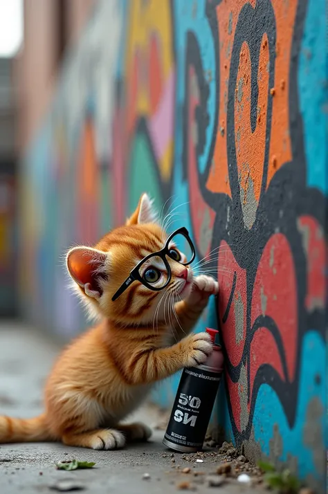 A kitten with glasses .  Writing graffiti on a wall