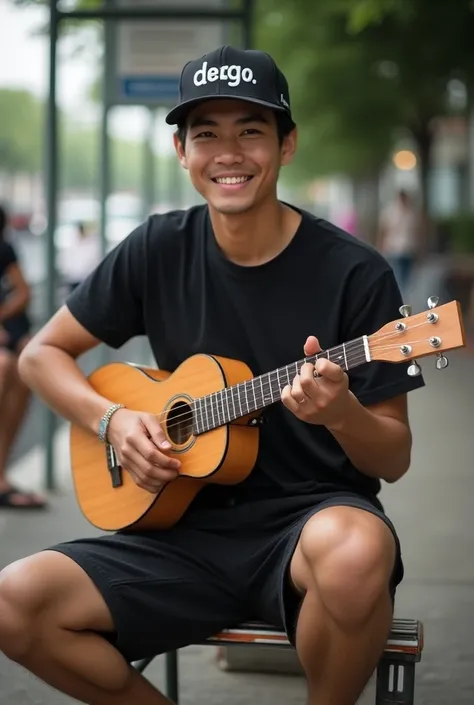 Handsome clean-faced Indonesian man wearing shorts wearing flip flops wearing black t-shirt wearing baseball cap with dhegol reading playing ukulele guitar while sitting at stop face looking at camera