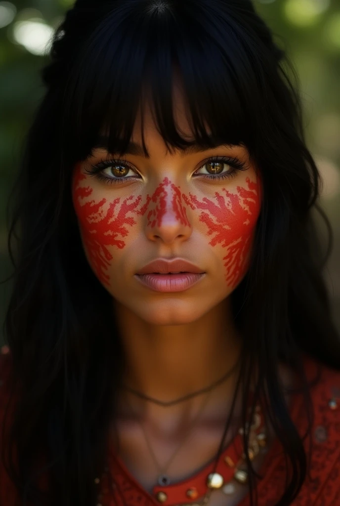 Woman with tanned skin , Black hair and bangs , Of honey-colored eyes and indigenous red paints on the face
