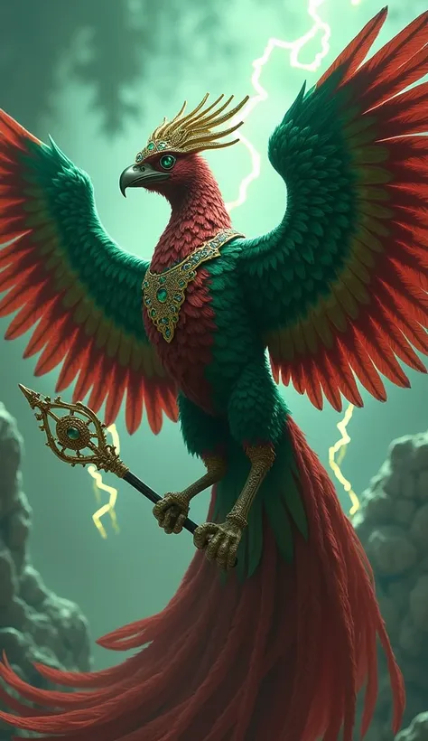 Imagine a merger between Zeus and the Quetzal, Mayan sacred bird .  Zeus has colorful and bright plumage ,  in shades of emerald green and red ,  with long tail feathers that make it appear even more majestic .  It holds a lightning scepter and wears a cro...