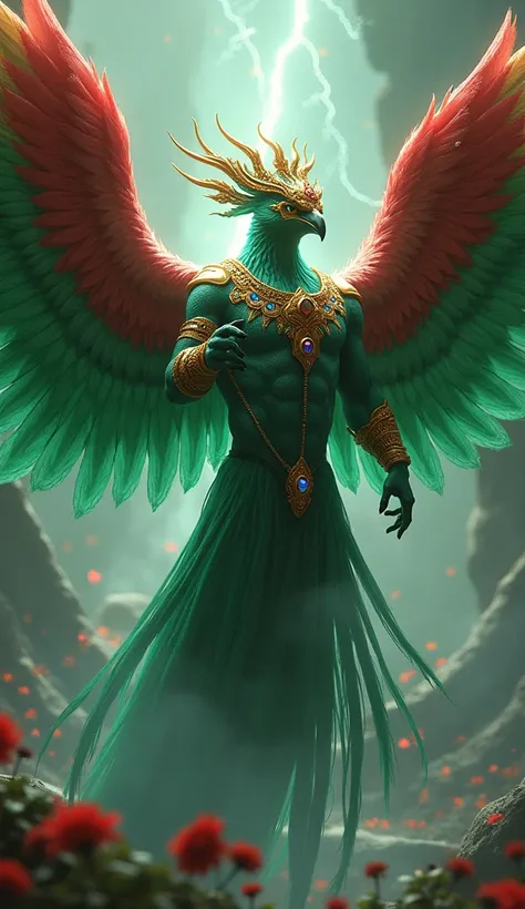 Imagine a merger between Zeus and the Quetzal, Mayan sacred bird .  Zeus has colorful and bright plumage ,  in shades of emerald green and red ,  with long tail feathers that make it appear even more majestic .  It holds a lightning scepter and wears a cro...