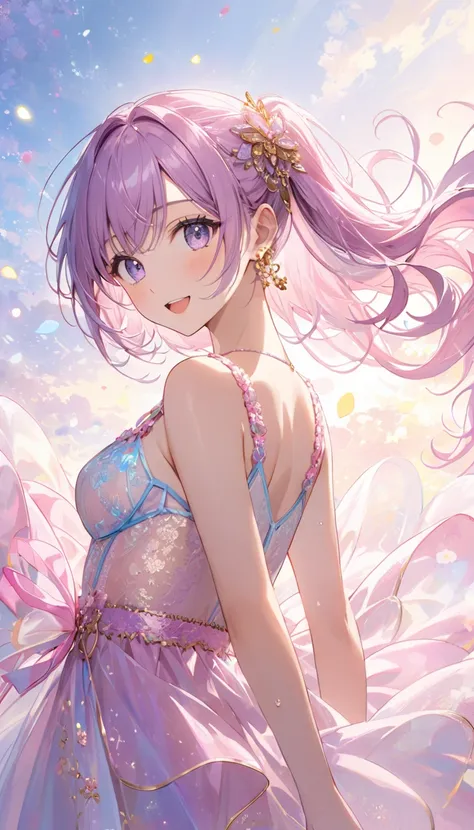  （Big Breasts:1.6）. side ponytail hair. hollow eyes, saliva,  open your mouth 、  Focus on Lower Body  、  gradient light pastel purple transparent hair in front of a snow sky、（View from directly below:1.6） ,  a woman with a gentle expression  ,  Soft Pink a...