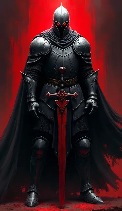 2D Design an ultra HD 4K, 8K wallpaper featuring a majestic knight, using only black, red, and white. The wallpaper has a layered background: a solid black outer background and an inner background in bold red. The knight, drawn in detailed white line work,...