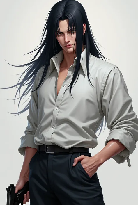 Itachi Uchiha at the age of 30 ,  her black hair is long and well groomed, dressed in dark pants ,  white shirt,  he carries a gun in his holster under his arm . 